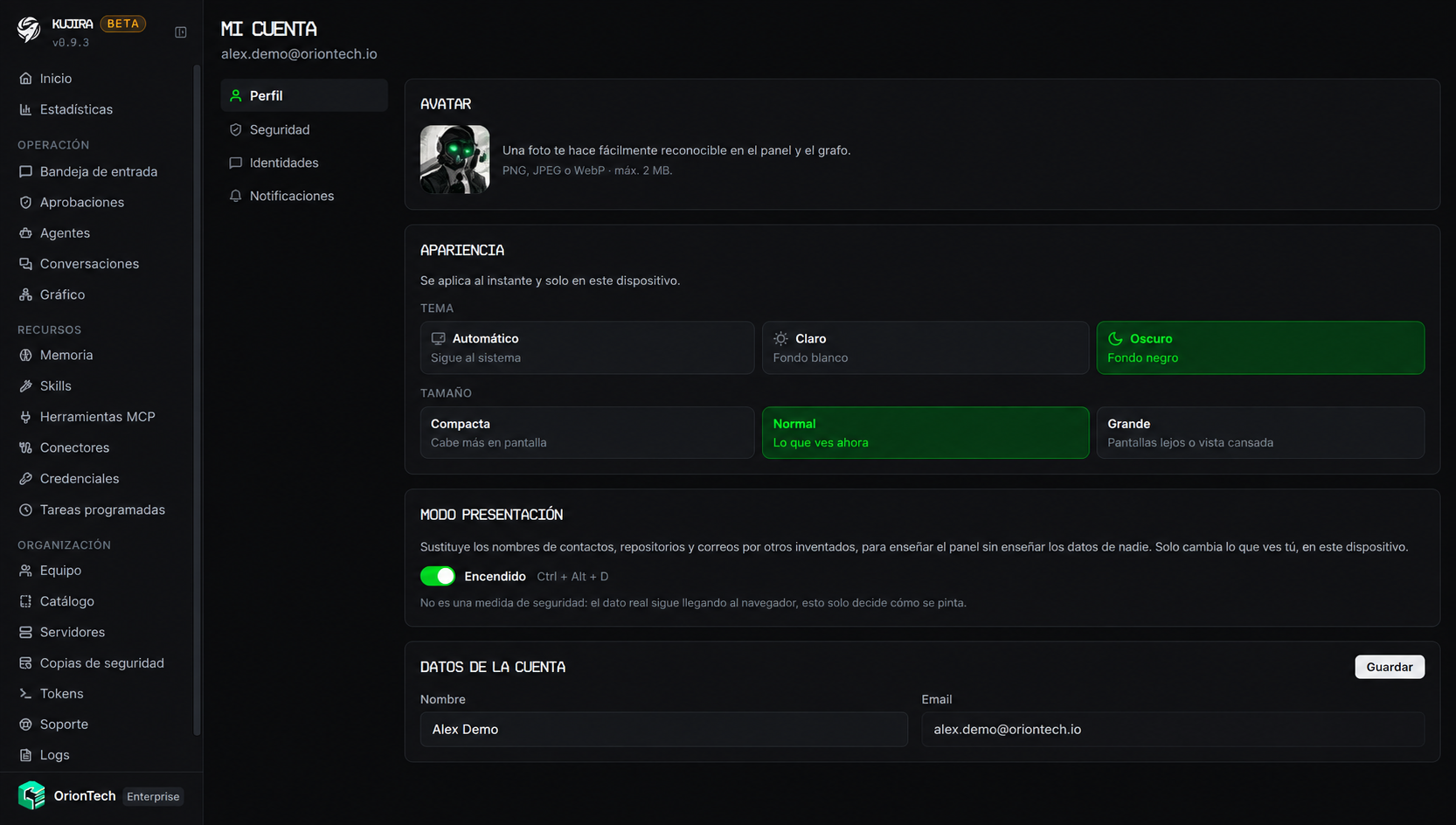 Perfil de una cuenta de demostración