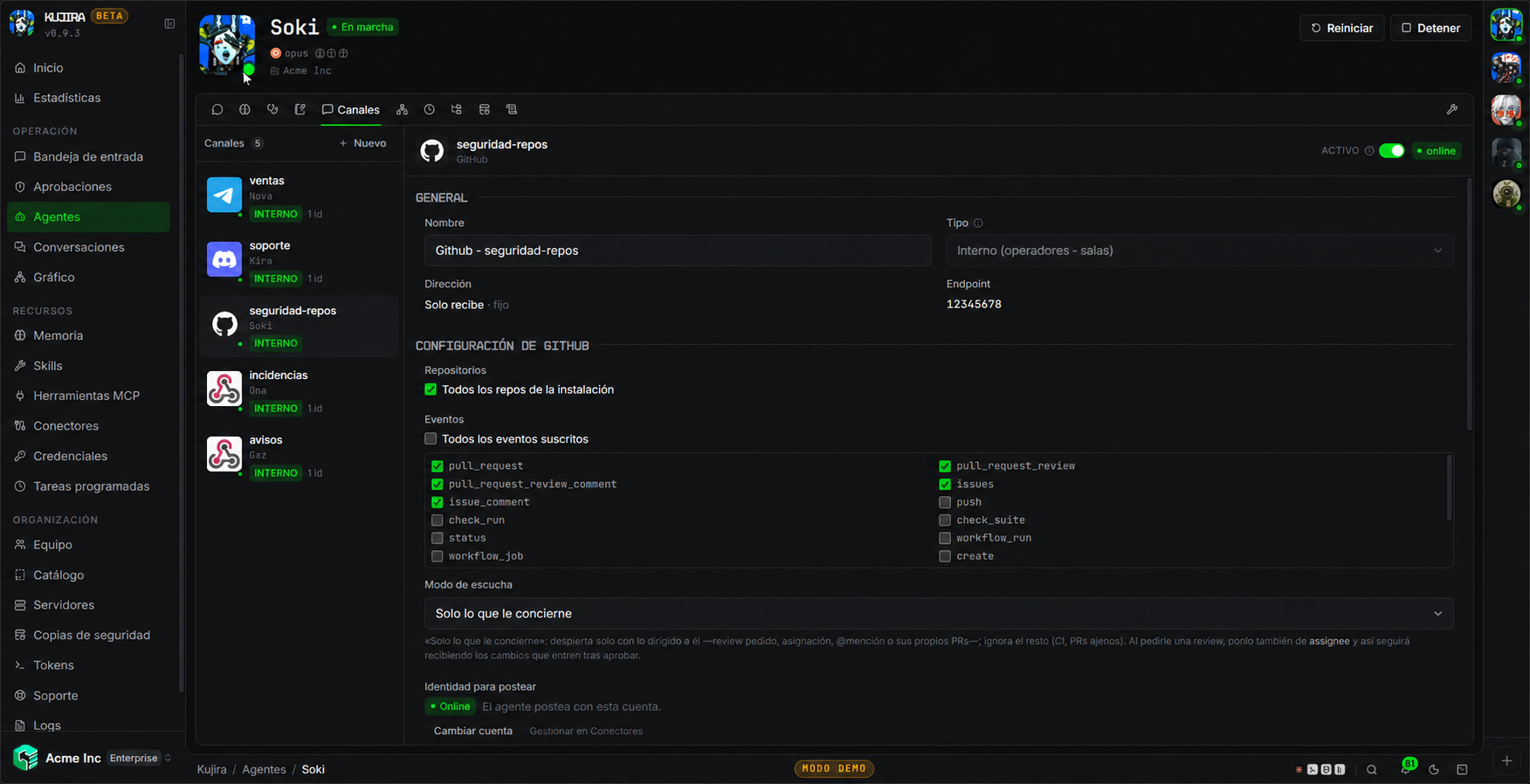 Canal de GitHub configurado
