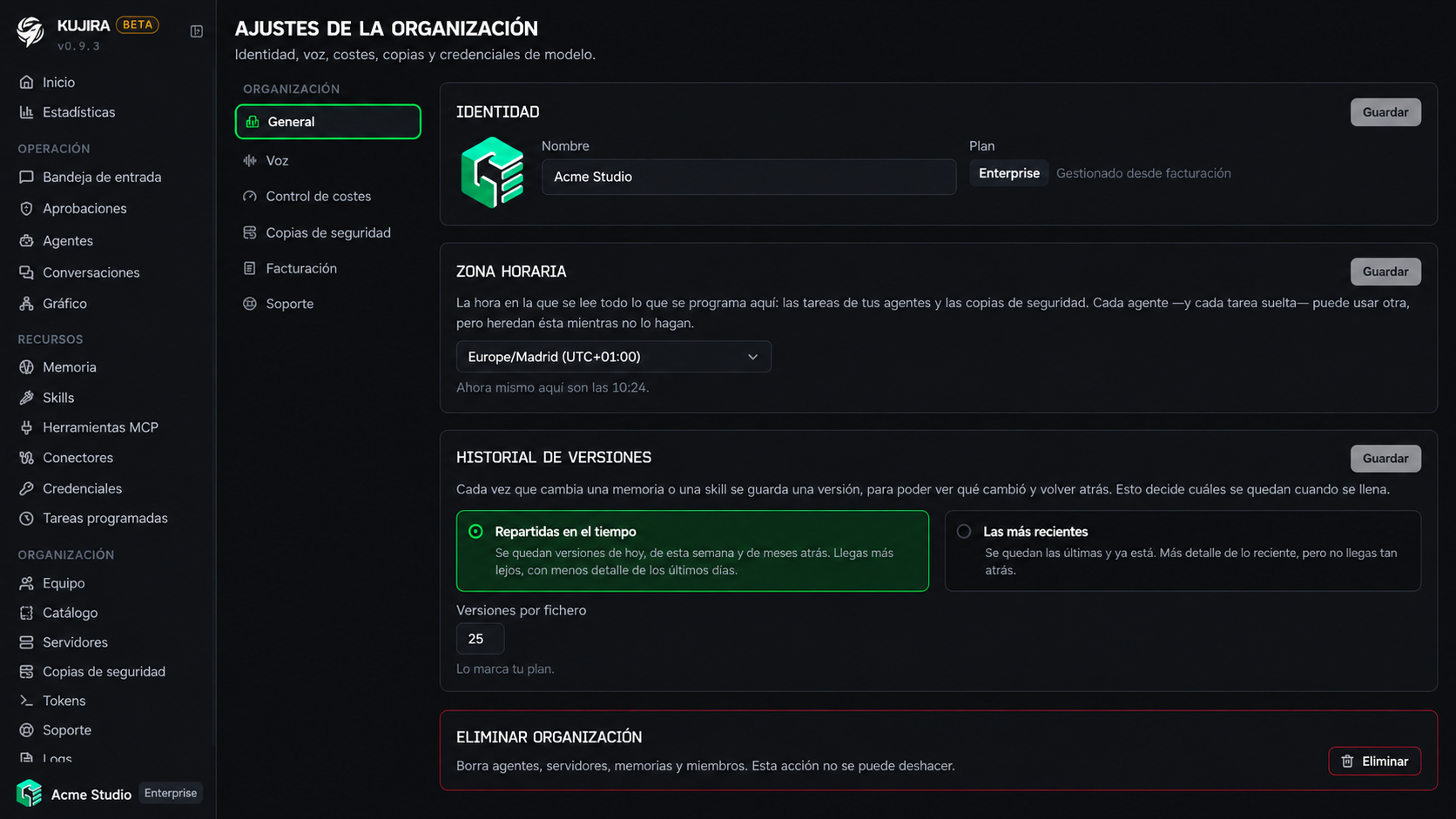 Ajustes generales de una organización de demostración
