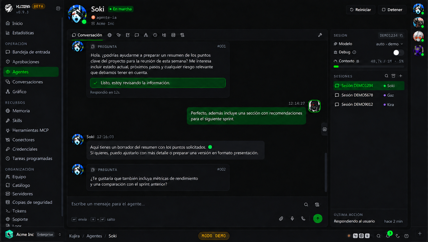Chat interno de un agente con el panel de sesiones visible